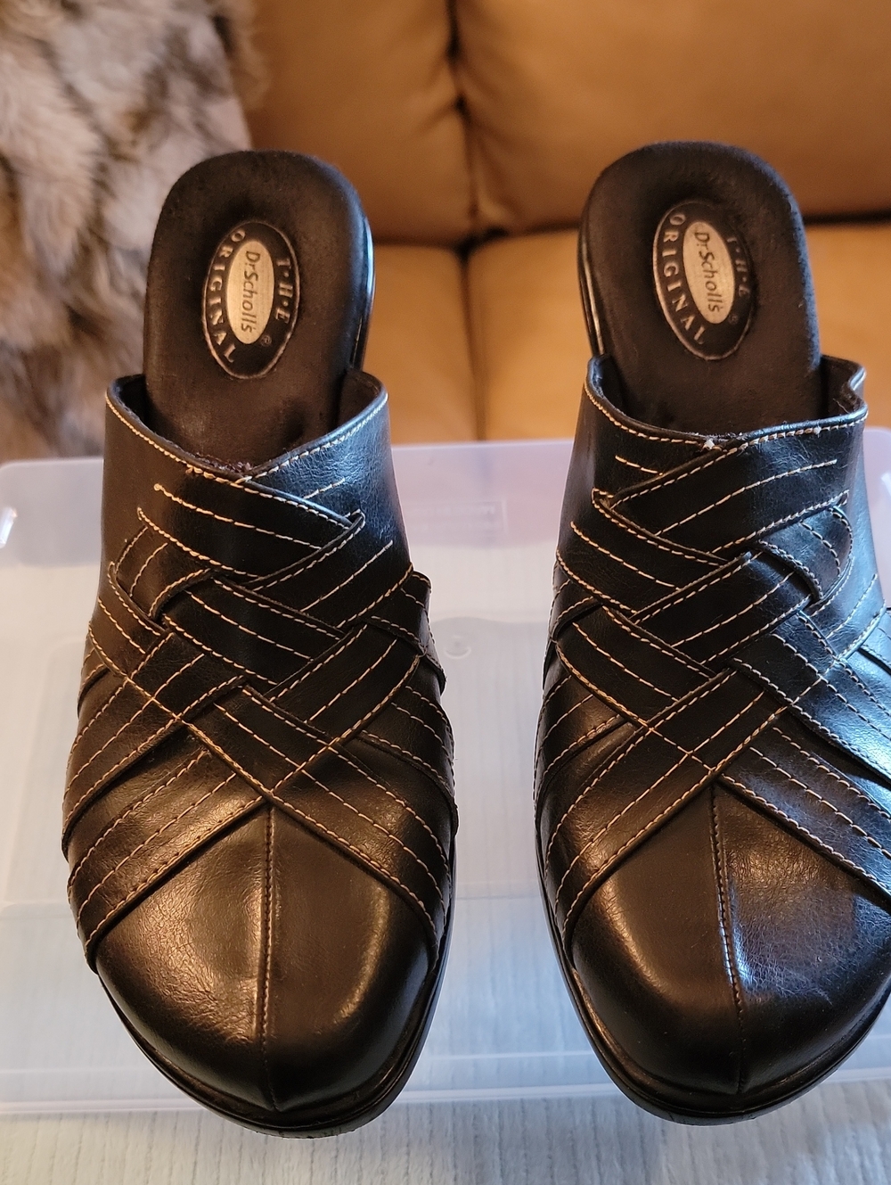 Dr. Scholl's Black Woven Leather Clog Mules